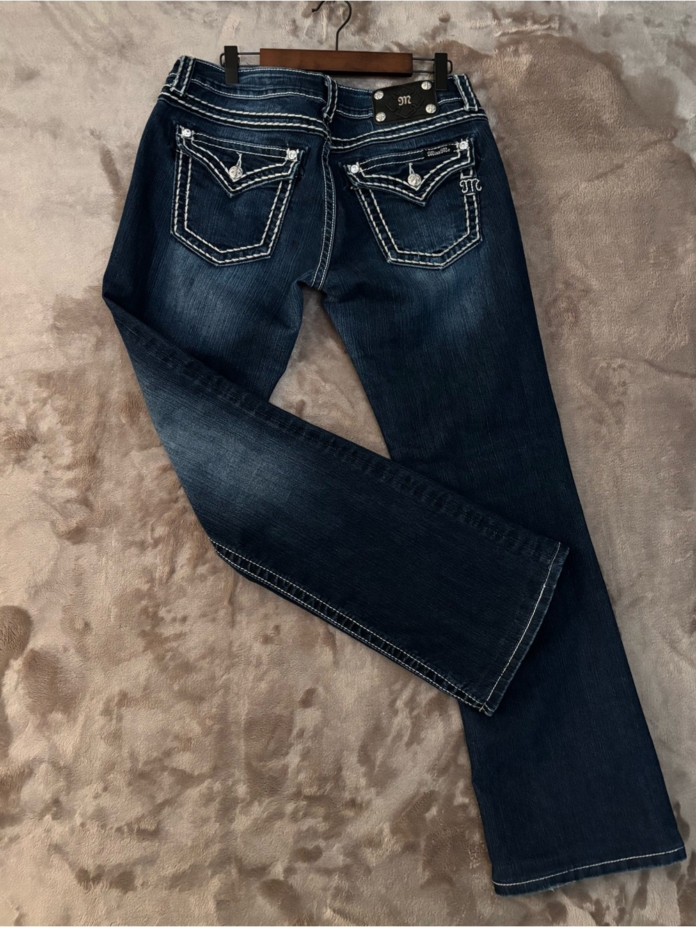 Miss Me Dark Blue Boot Cut Jeans with White Stitching